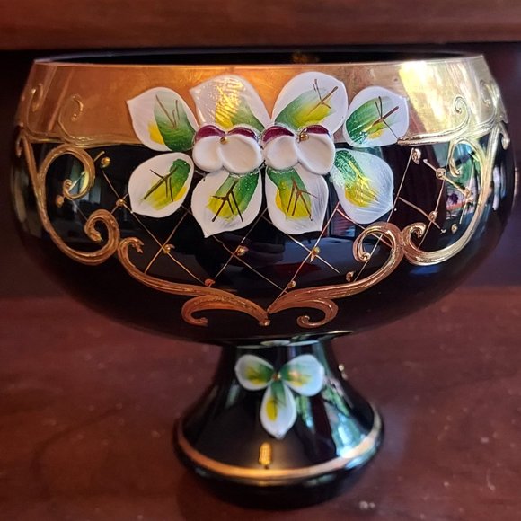 Handmade Rococo Thick Crystal Glass Dessert Candy Bowl Black/Gold NEW - Picture 2 of 9